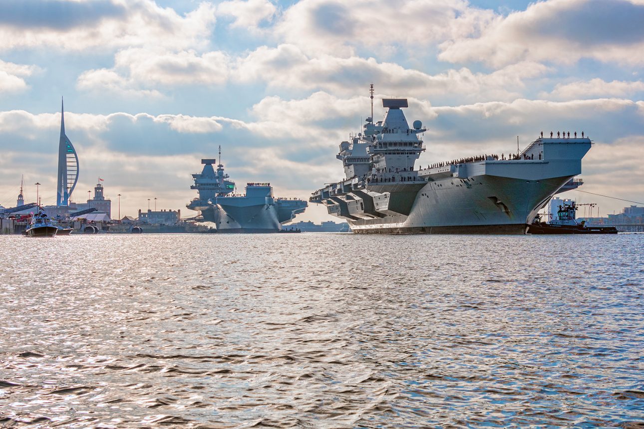 The two Queen Elizabeth aircraft carriers at Portsmouth naval base.