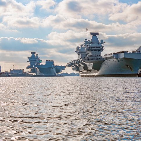 The two Queen Elizabeth aircraft carriers at Portsmouth naval base.