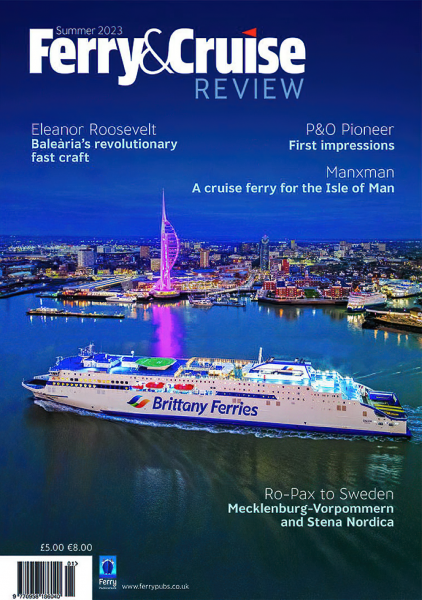 Aerial night view of the ferry Galicia in Portsmouth Harbour on the cover of Ferry & Cruise Review magazine.