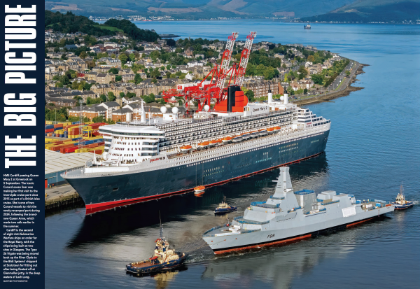 Aerial view of the Type 26 frigate Cardiff passing the Cunard cruise ship Queen Mary 2 at Greenock.