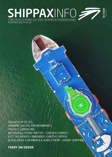 Birdseye view of a ferry on the cover of Shippax Info magazine.